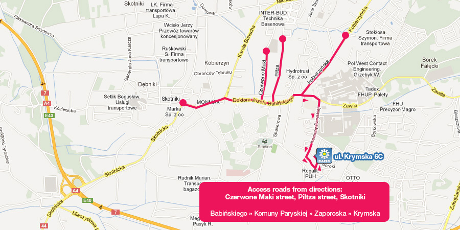The access roads from directions: Czerwone Maki street, Piltza street, Skotniki
